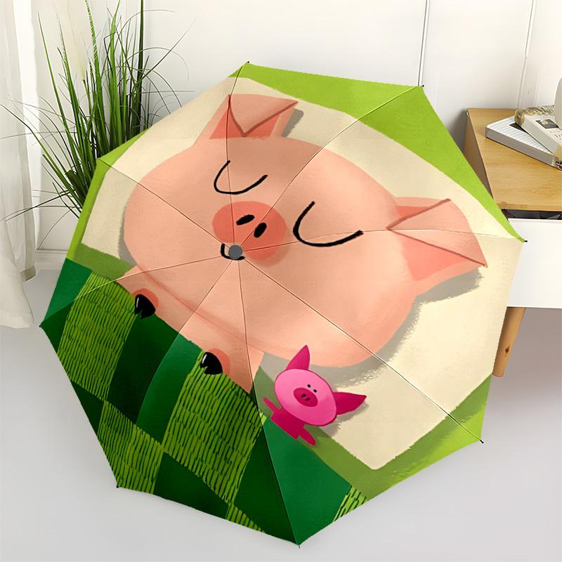 1pc Piglet Automatic Folding Umbrella, 8-Rib Durable Iron Frame, Compact Travel Umbrella for Women & Men 091