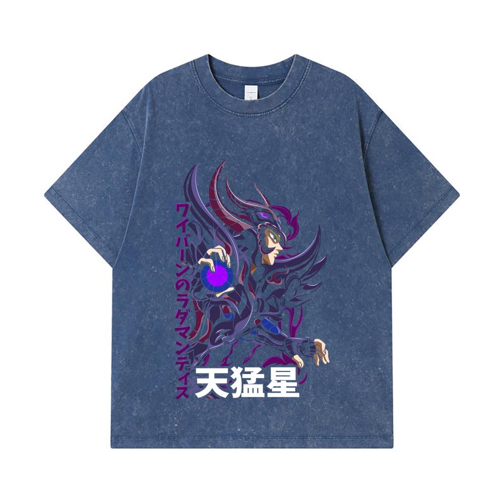 

275 GSM Washed T-shirts 100% Cotton Saint Seiya V18 Rhadamanthys Print Unisex Heavy Cotton T Shirt 2XL королівський синій колір