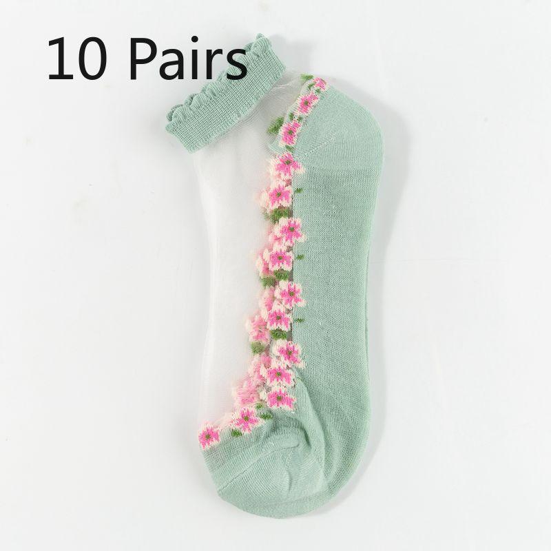 10 Pairs of Women's Thin Silk Stockings for Spring and Summer, Glass Lace Crystal Boat Socks, Cotton Socks, Breathable and Sweat-absorbent