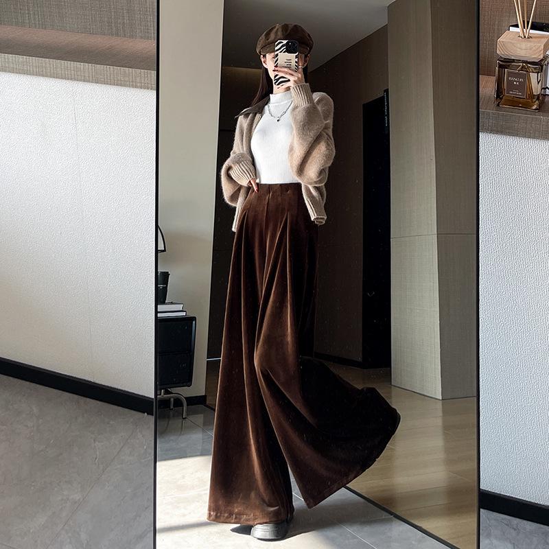 

Coffee-Colored Wide-Leg Velvet Pants: High-Waist, Drape, Casual Floor-Length Trousers for Autumn and Winter Medium кофейный