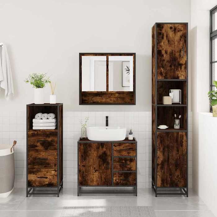 VidaXL 3-piece Bathroom Furniture Set Smoked Oak Wood, Bathroom Cabinet, Storage Cabinet of 3301107