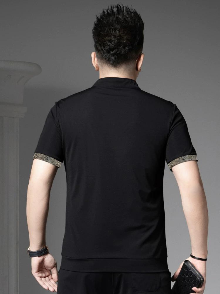 European High-End Embroidered Rhinestone Casual Short-Sleeve T-Shirt, New Summer Men's Top, Half-Sleeve Stand-Collar Polo Shirt