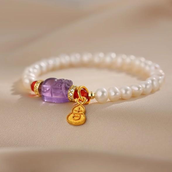 Natural pearl bracelet, national style gourd pendant bracelet, Pixiu amethyst beaded jewelry.