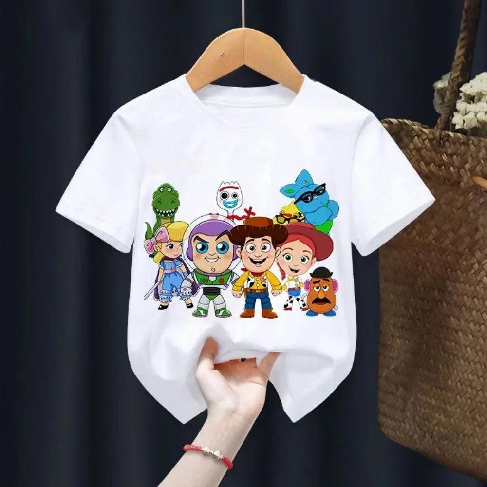 T-shirt Estiva Toy Story per Bambini Woody Buzz Lightyear Abbigliamento Kawaii Manica Corta Anime Cartone Animato Bambini Ragazzi Ragazze Maglietta Casual Top