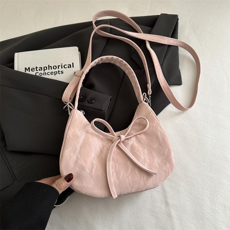 Simple Solid Color Bow Portable Dumpling Bag Women's 2025 Summer New Casual Fashion Versatile Underarm Shoulder Bag