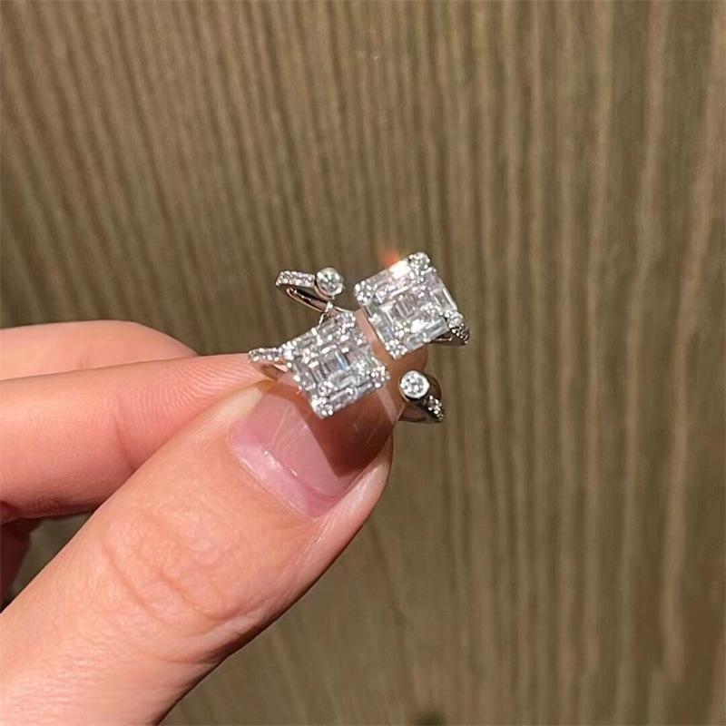 Adjustable Geometric Zircon Square Ring for Women - Versatile Open Design Adjustable