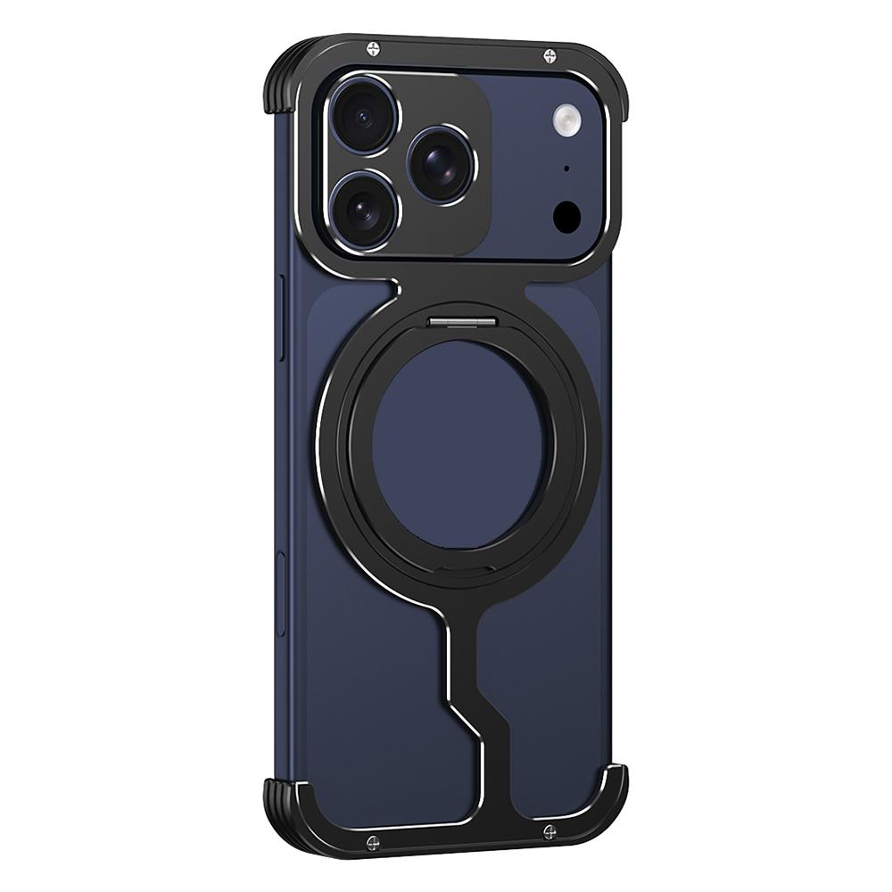 For iPhone 17 Pro Metal Case Rotating Kickstand Heat Dissipation Frameless Phone Bumper Cover with Lens Protector