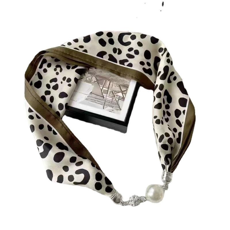 Live Season Magnet Buckle Silk Scarf Women'S Pearl Necklace Long Silk Scarf Headband Decorative Small Scarf