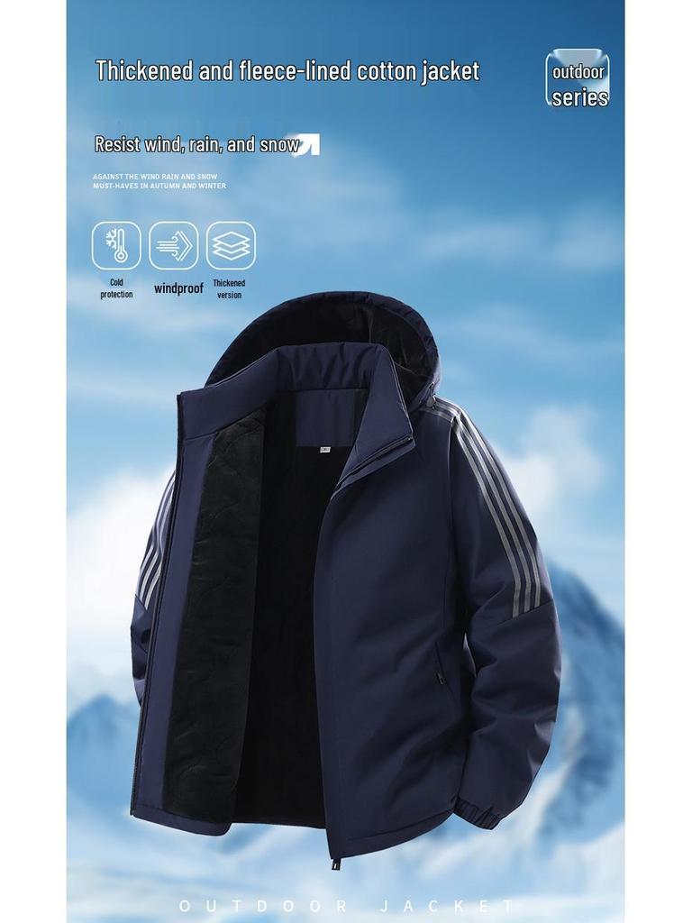 Men's Hooded Cotton Jacket - Windproof, Thickened, Three Stripes, Plus Velvet, Large Size Outerwear for 2025 Autumn/Winter.