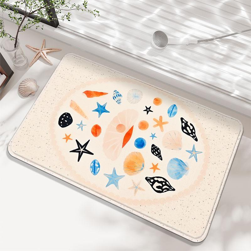 Starfish Shell Design Bath Mat Soft Faux Cashmere Absorbent Floor Mat Non Slip Bathroom Mat Home Entrance Mat