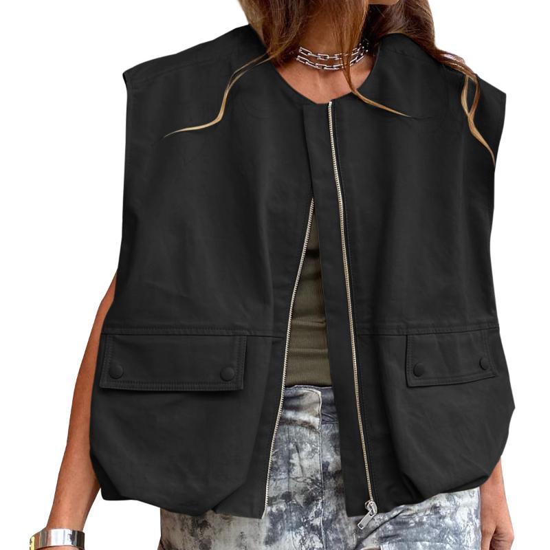 

Женский свободный жилет без карманов на манжетах, однотонный кардиган, модная куртка на молнии, для женщин XXL чёрный