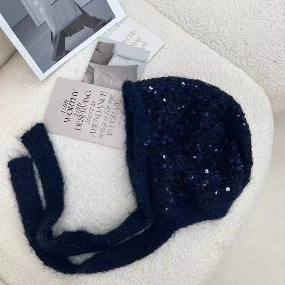 

New Luxury Sequined Winter Hat Baotou Knitted Outdoor Women s Hats Ear Protection Thick Warm Decorative Hat Chrismas Gifts темно-синий