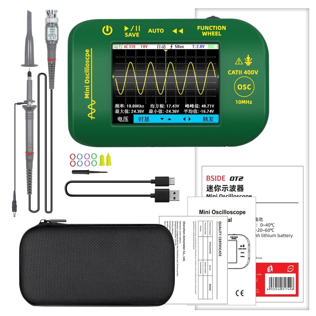 BSIDE OT2 Mini Digital Oscilloscope New Model 10MHZ Sampling 48MS/s Speed Large Screen PC Waveform Data Storage  Auto Tester