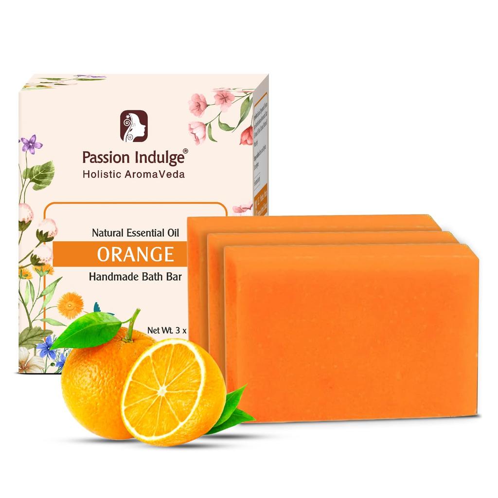 Passion Indulge Natural Handmade Orange Bath Bar Soap (Pack of 3) | Orange Essential Oil & Natural Oils | Moisturizing, Refreshing & Gentle Cleansi