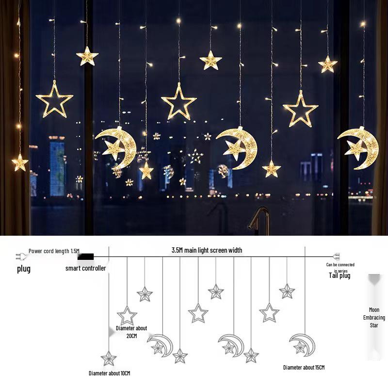 LED Weihnachts Vorhang Lichterkette mit Glocken, Rentier und Baum Dekoration für den Innenbereich