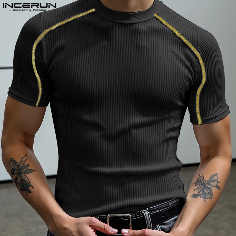 INCERUN Men Summer T-shirts Casual Short Sleeve Stitching Fitted Tops