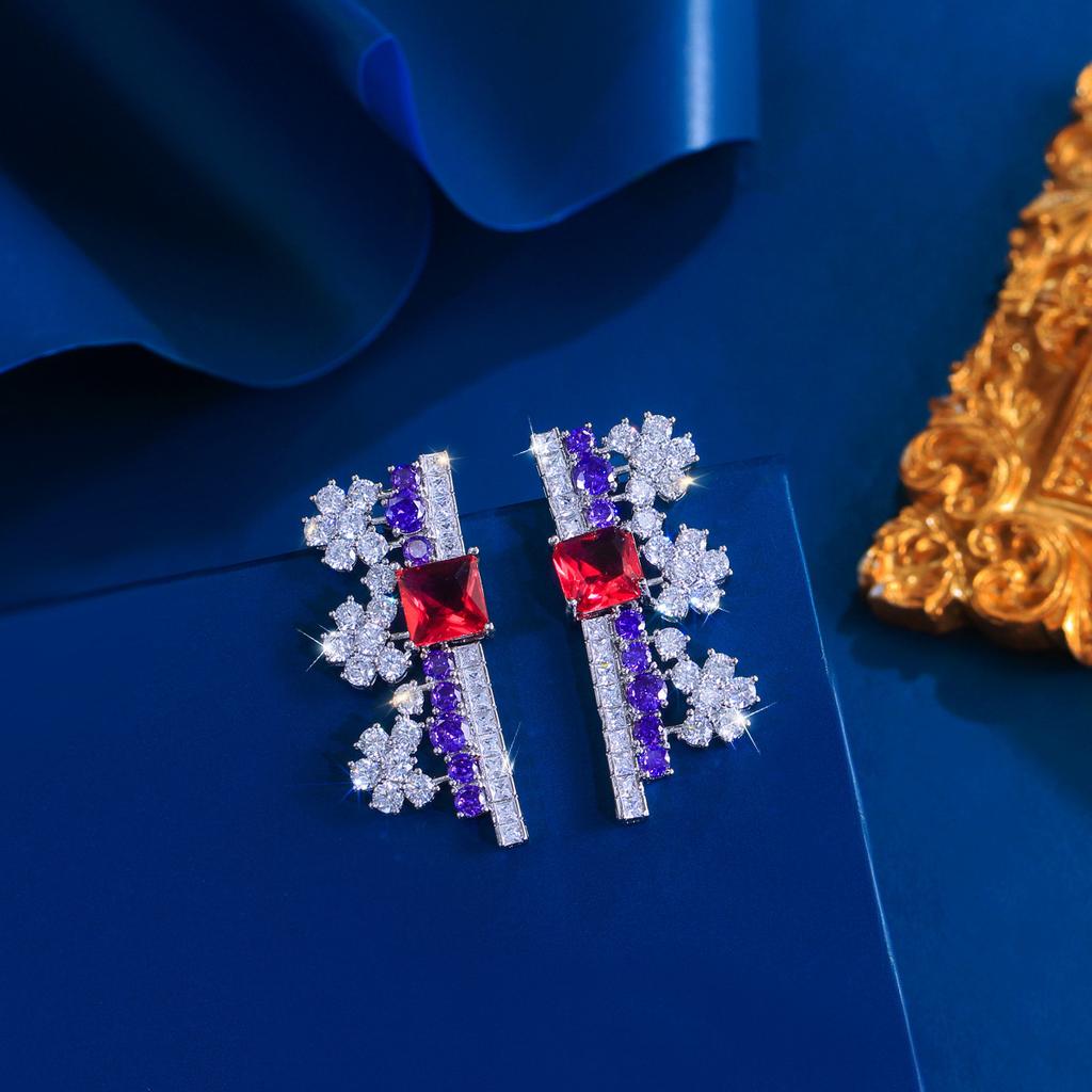 Light Luxury Retro Micro-Inlaid Geometric Color Zircon Flower Earrings Temperament Pin Earrings