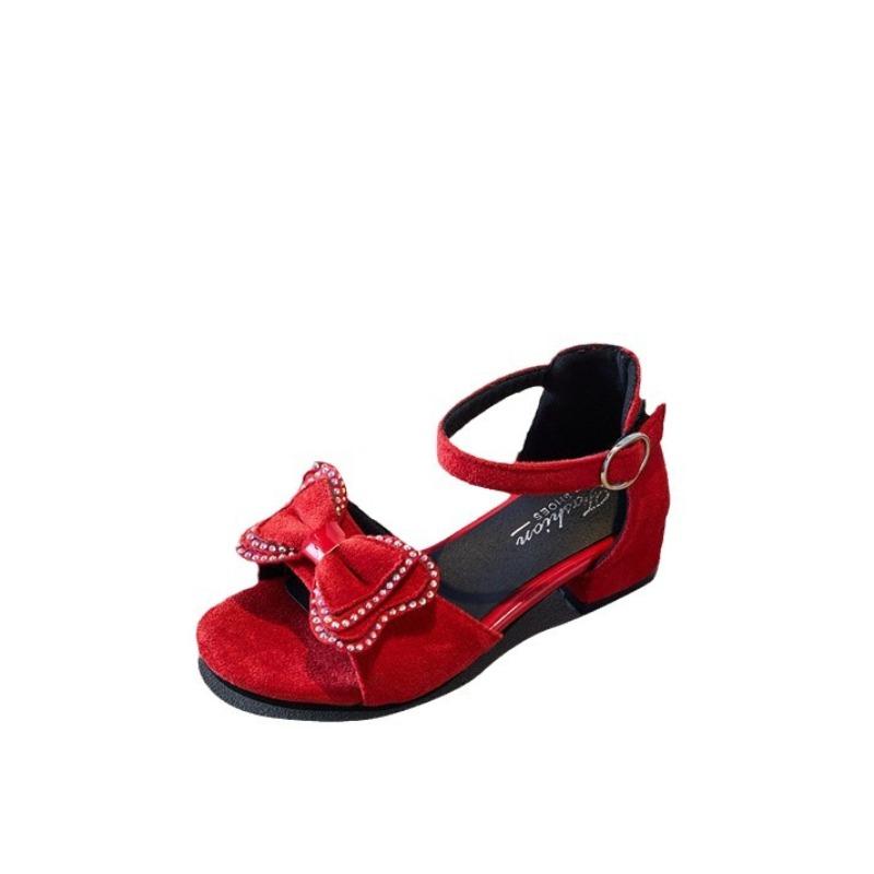 2024 New Children Girls Sandals Solid Color Bow Rhinestones Cute Kids Fashion Princess Elegant Mary Janes for Party Wedding Show