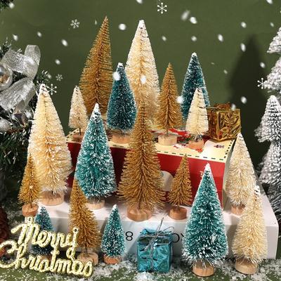 27/9pc Artificial Christmas Tree Artificial Miniature Pine Tabletop Tree Wood Base Xmas Ornaments Christmas Crafting Party Decor