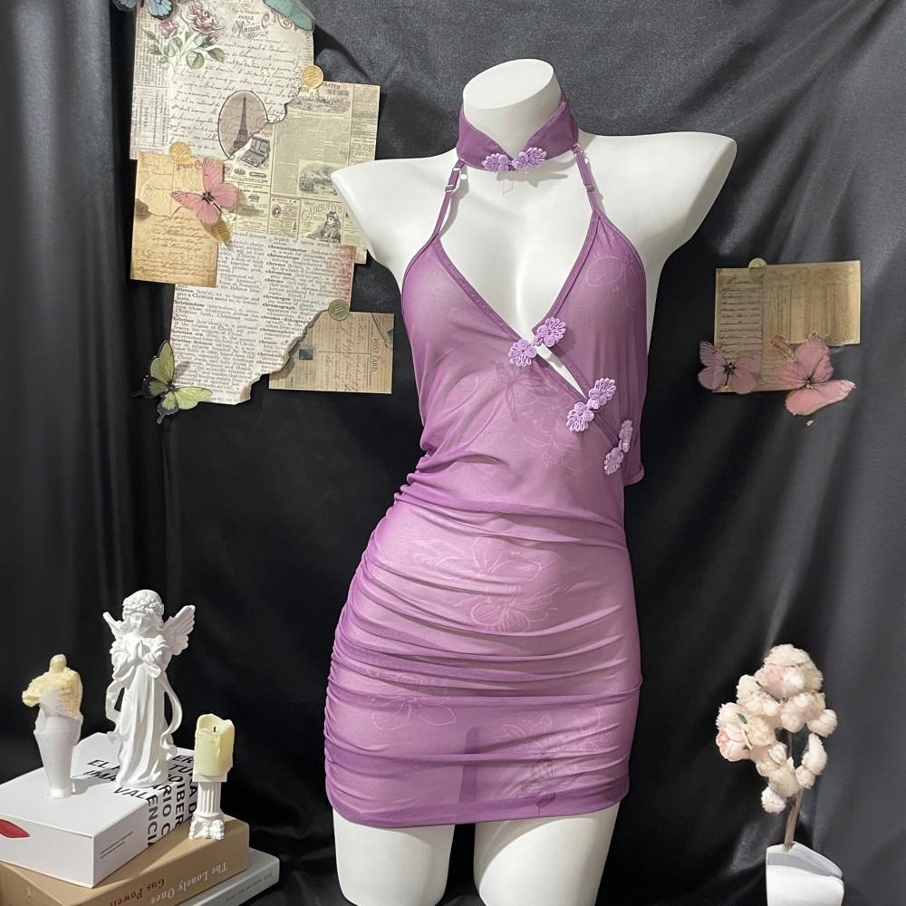 Sex Underwear Pure Desire Purple Cheongsam Sexy Pajamas Women's Antique Butterfly Love Flower Perspective Strap Uniform Free