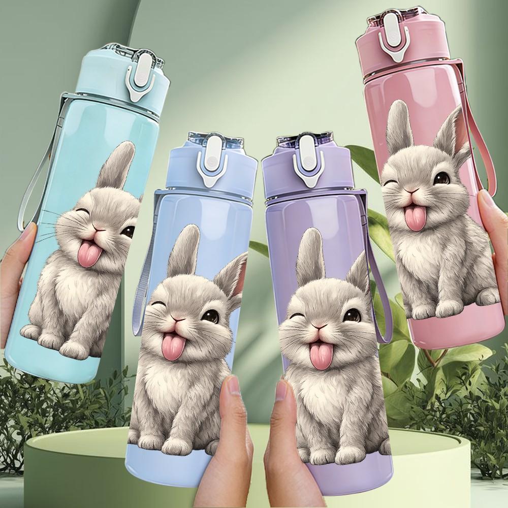 1PC White Fluffy Easter Bunny Print 750ml Color Plastic Sports Water Bottle Leakproof Flip Straw Lid Suitable for Sports Office Home Use