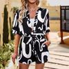 Black & White Geometric Two-Piece Set: Loose Short-Sleeve Shirt & Drawstring Shorts