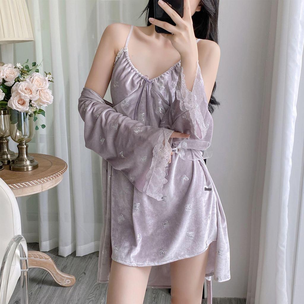 Women's Autumn/Winter Velvet Two-Piece Pajama Set - Butterfly Camisole Nightdress & Robe