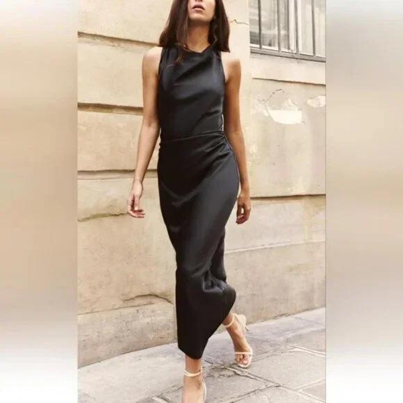 European and American Women's Satin Mid-length Dress with Ruched Waist and Cowl Neck.