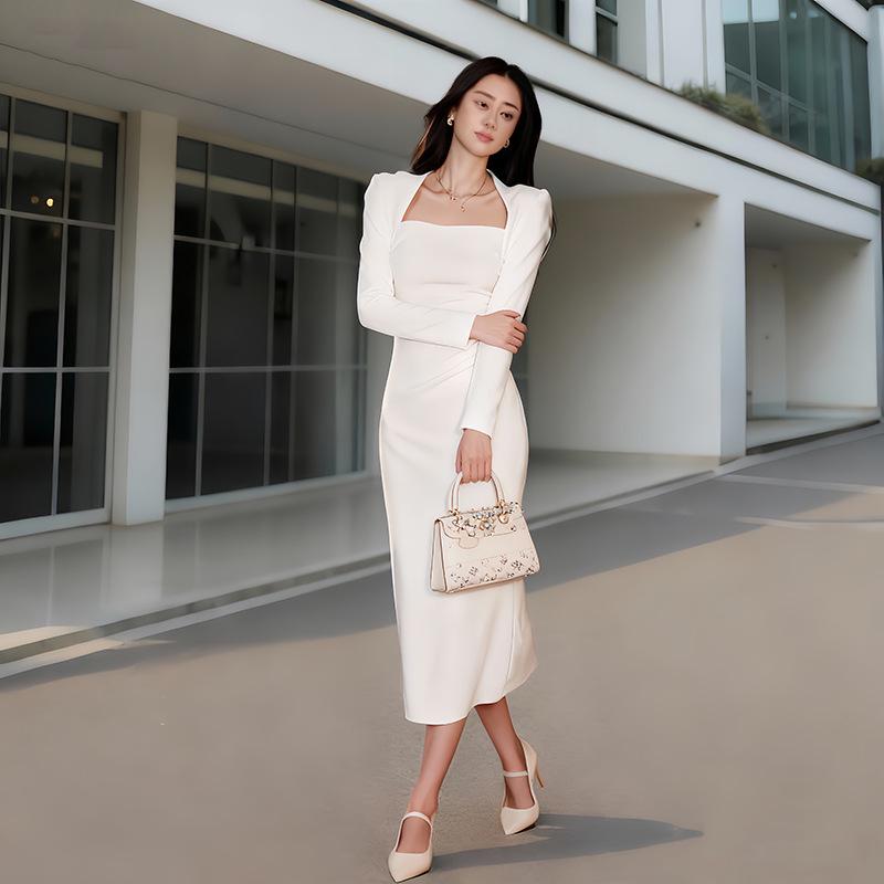 Women's White French Square Neck Slim-Fit Long-Sleeve Dress for Autumn/Winter Events