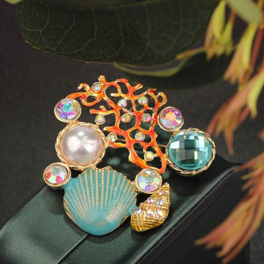 Vintage Gold-Tone Ocean Theme Brooch - Coral, Shells, Pearl & Crystals, Nautical Design, for Beach Style & Lovers, Ideal Gift