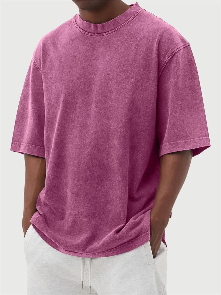 2025 Men's Distressed Washed Fried Color Solid Pullover T-Shirt, Spring/Summer Collection