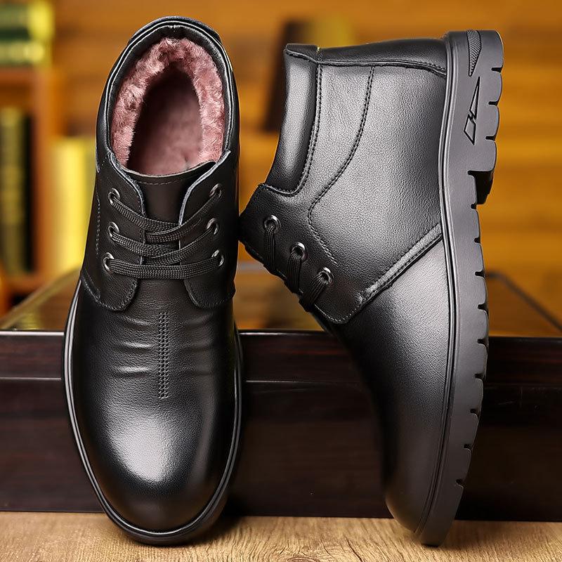 Men's shoes winter non-slip leather wool men's cotton shoes piled thickened lace-up snow boots men's large size 48 cotton leather shoes
