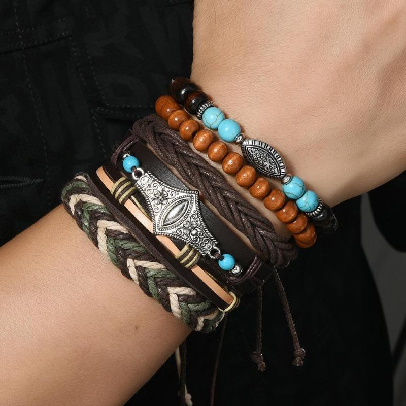 Boho Bracelet Set for Men Leather Braided Wrap Bracelet with Wood Beads Bull Skull & Evil Eye Charm Ethnic Viking Style Jewelry