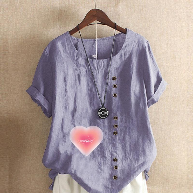 Women's Fashion Round Neck Short Sleeve T-shirt Casual Cotton Linen Graphic Shirt Leisure Loose Pink Love Prined Summer Blouse Tops