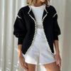 Cross-Border Autumn and Winter New Style Round Neck Pearl-Trimmed Knit Sweater Short Long-Sleeve Heavy-Duty Cardigan Sweater Fashion Jacket for Women