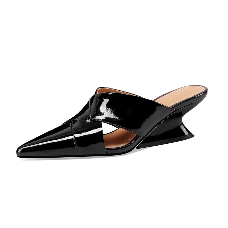 

Модная женская новая весенне-летняя обувь с острым носком, из натуральной кожи, на танкетке, с перекрестными ремешками, повседневная, модная, на высоком каблуке, большого размера, шлепанцы-мюли 265 чёрный