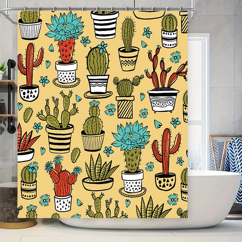 

Vibrant Cactus Print Shower Curtain Indoor Decor Yellow Backdrop With Succulent Flowers In Various Pots For Bathrooms Kitchens. W60H190(CM)-1 Pcs