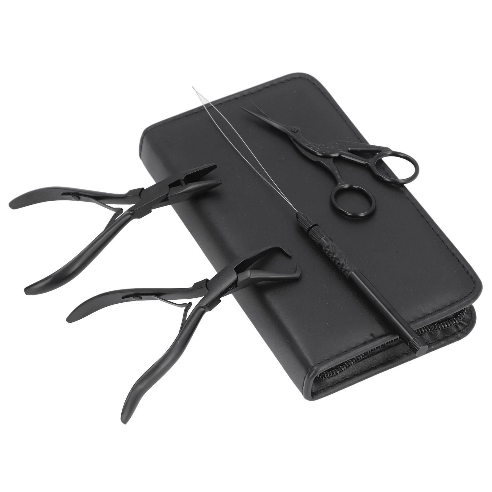 

4 шт. Инструменты для наращивания волос с плоскогубцами, проволочной петлей, крючком, иглой, маленькими ножницами, сумкой для хранения чёрный