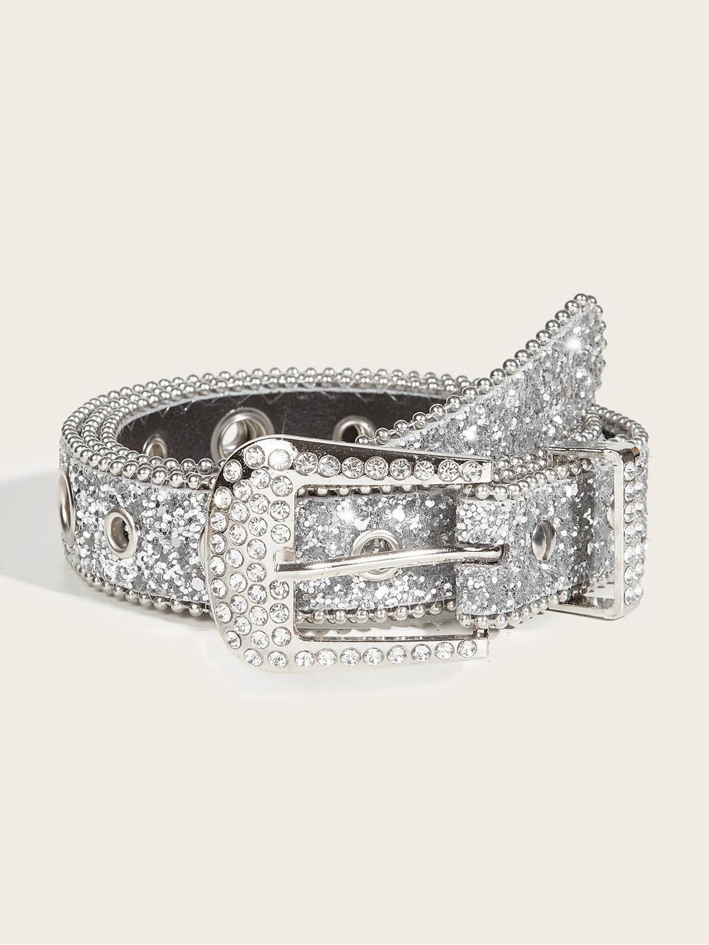 

Chic Pu Leather Belt With Eye-catching Rhinestone Design For Denim Jeans