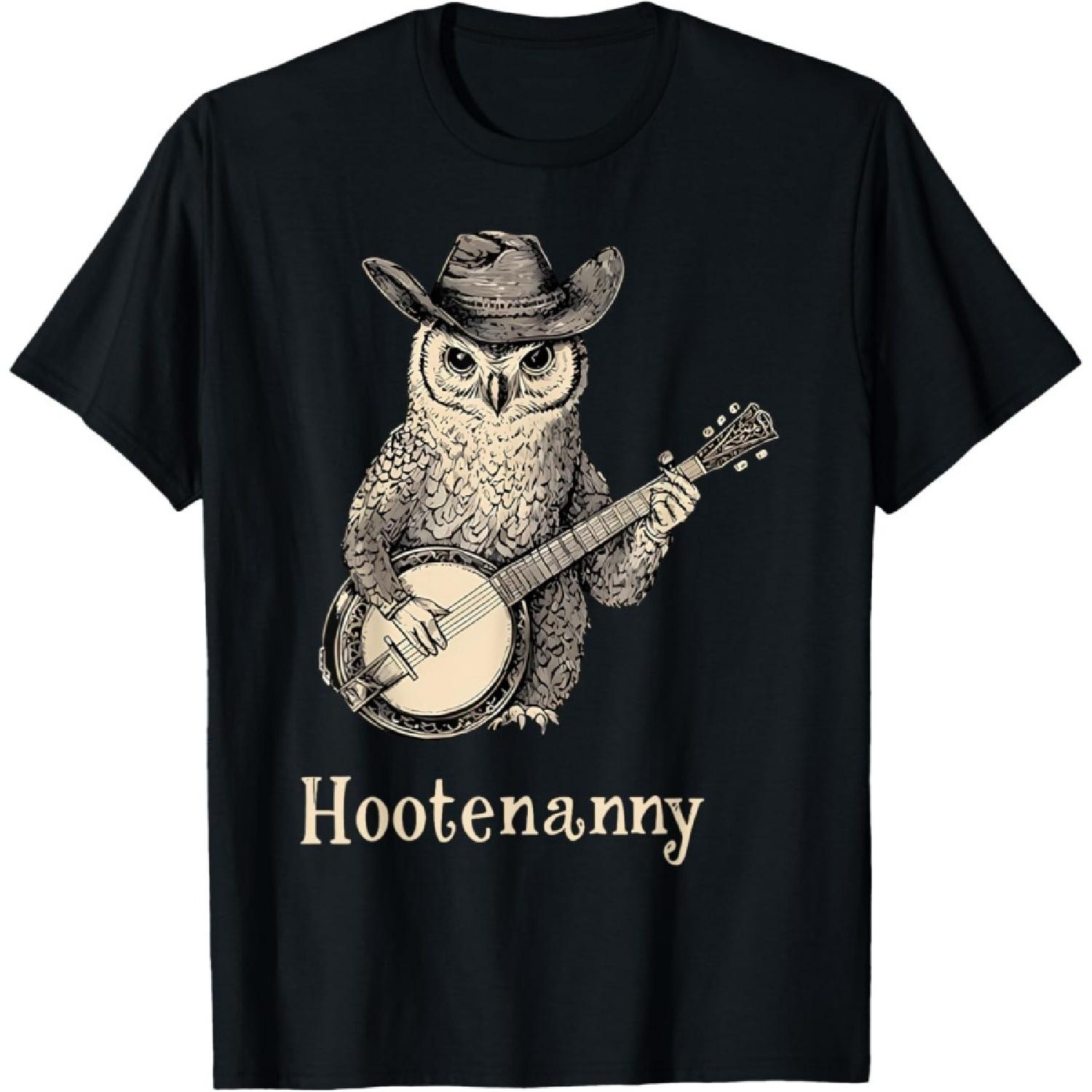 Hootenanny Owl Playing Banjo Country Owl Banjo Guitar Music T-Shirt S