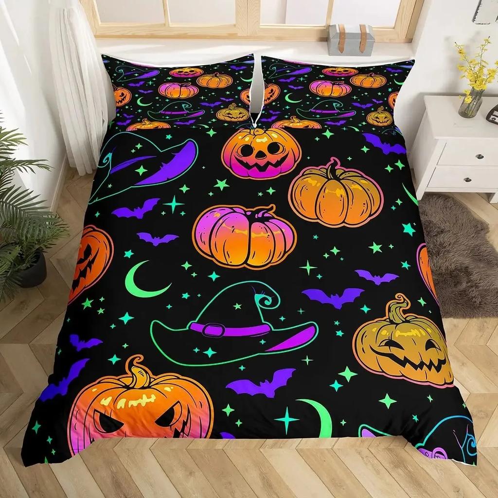 Halloween Duvet Cover Set Gothic Spooky Bedding Sets,Pumpkin Lantern Comforter Cover Horror Ghost Witch Hat Cat Bat Quilt Cover
