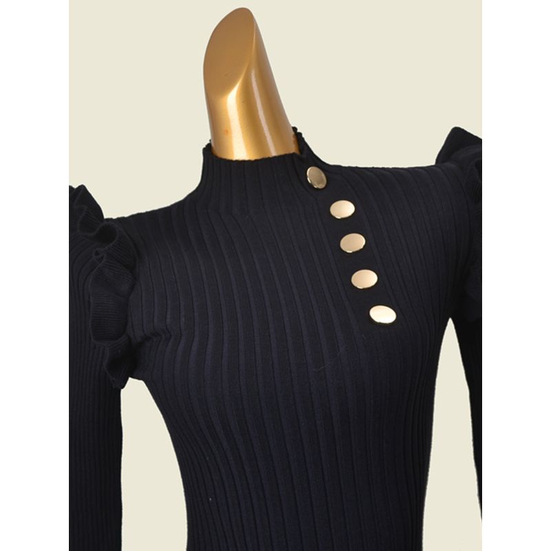 French Style Design Long Sleeves Half Turtleneck Base Dress Fashion Wind Black Silm High Elastic Metal Buckle Sheath