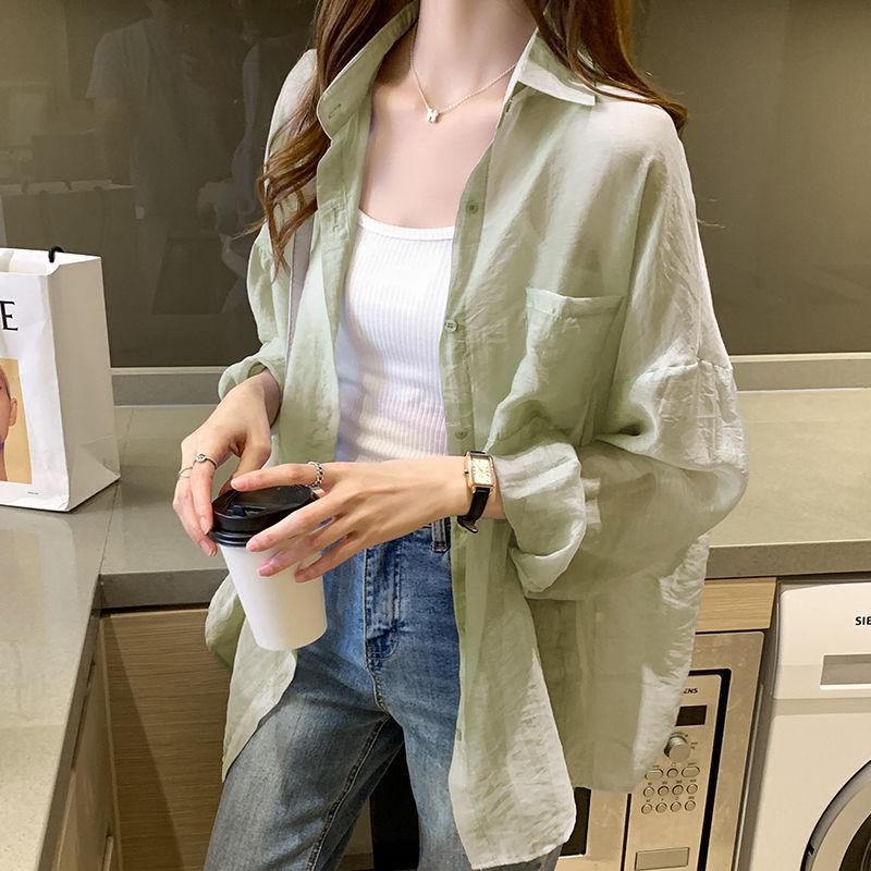 Summer Women's Chiffon Shirt Sun Protection Shirt Breathable Solid Color Shirt Loose Mid Length Top