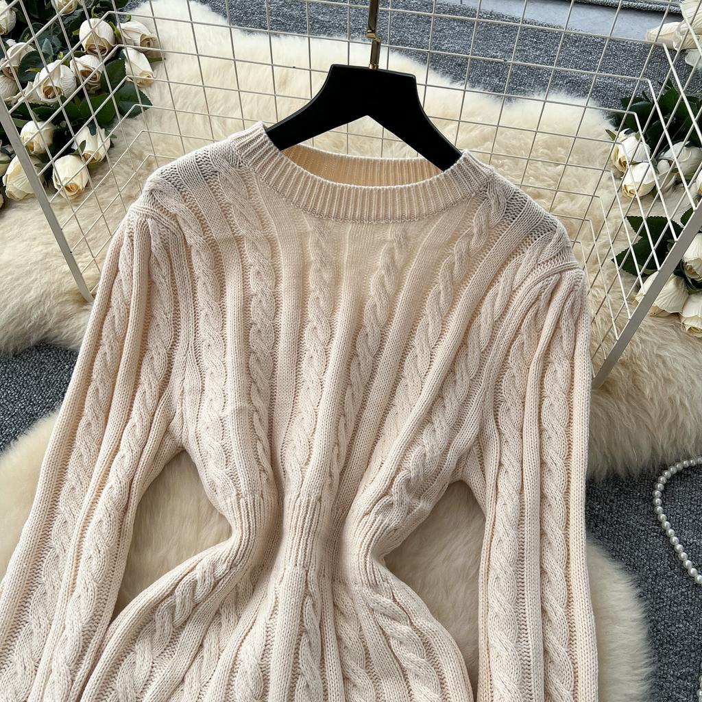 Autumn Winter Women Casual Full Sleeve Twist Knitted Sweater Short Pullover Sheath Dresses