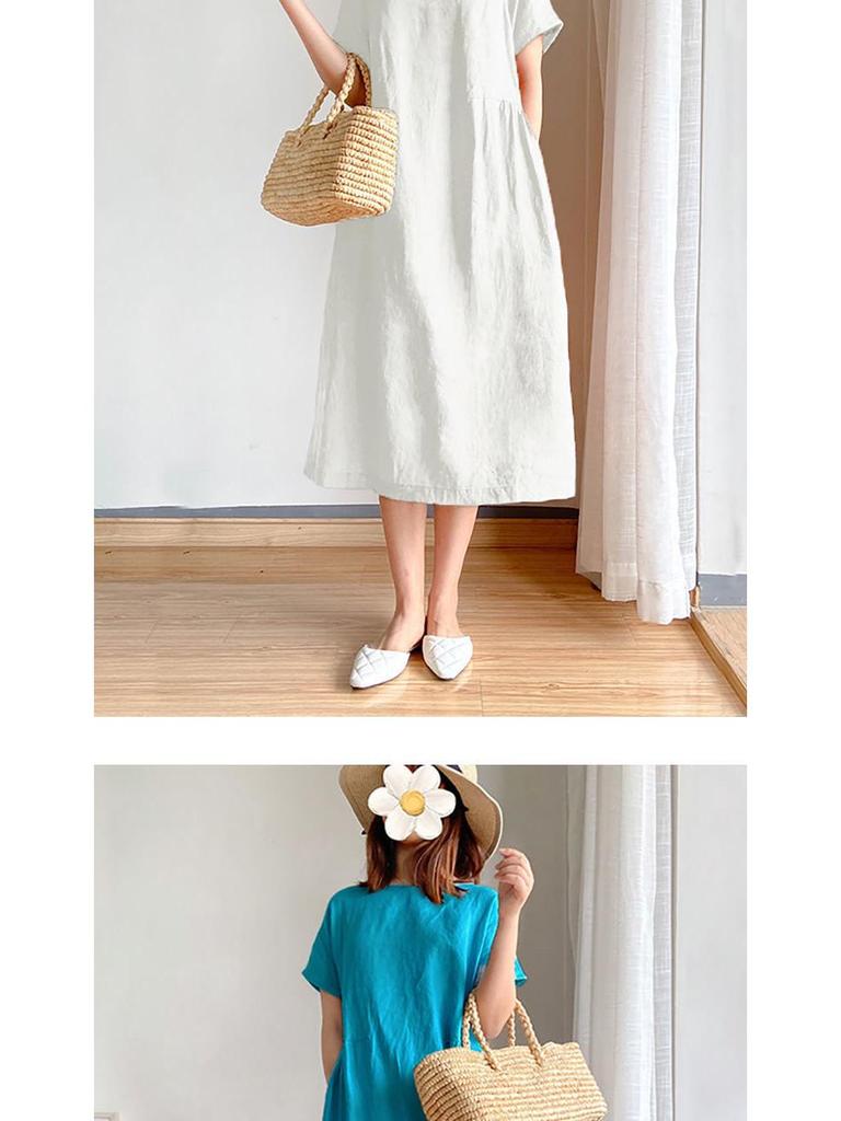 Cross-border Summer A-line Midi Dress: Short Sleeve, Solid Color, Literary Style, Women's Loose Fit