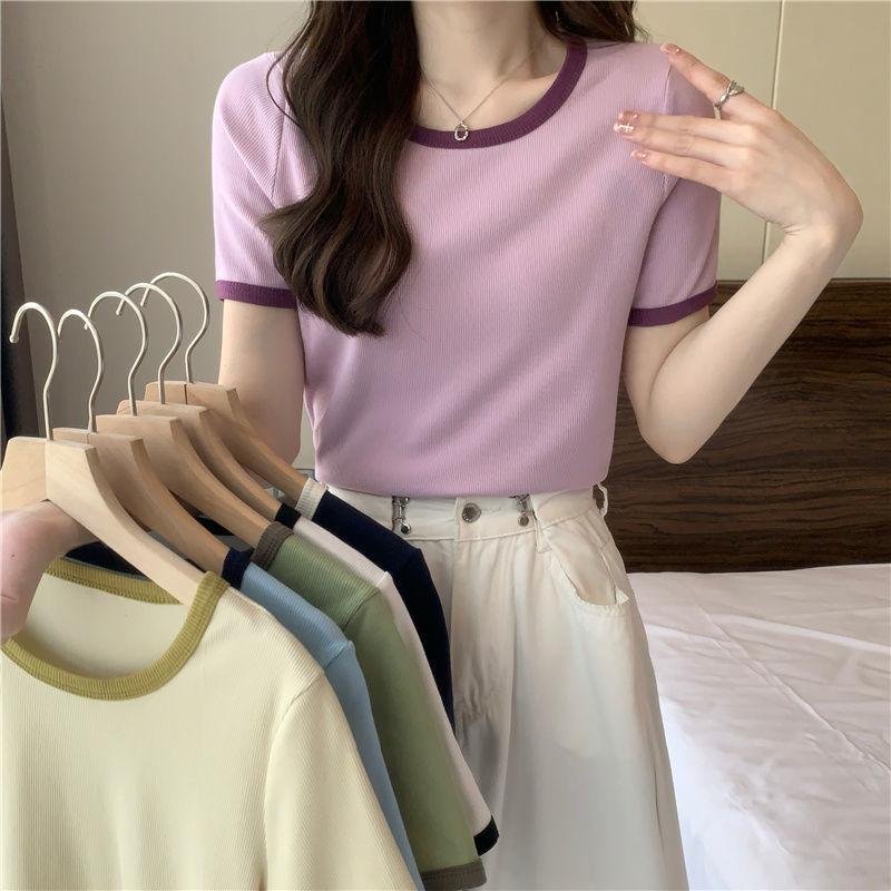 O Neck Knit Crop Top Frauen Sommer Casual T Shirt Grundlegende Sexy Streetwear Kurzarm Tops