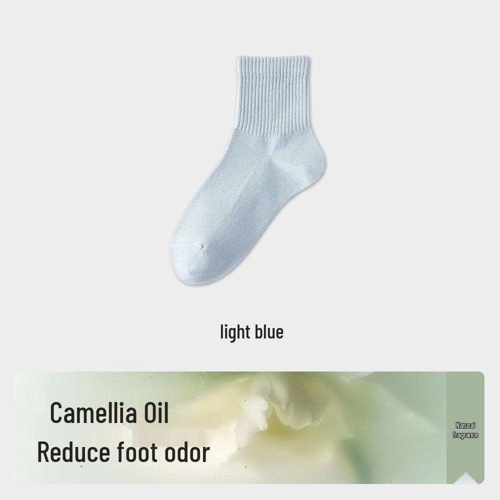 Women's Mid-Calf Camellia Essential Oil Antibacterial Cotton Socks - Solid Color, High Elasticity, for Spring & Autumn