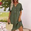 Lockeres V-Ausschnitt Kurzarm Hemdblusenkleid mit Knopfleiste und Taschen-Design Lässiges Sommerkleid für Damen Leinenmischgewebe
