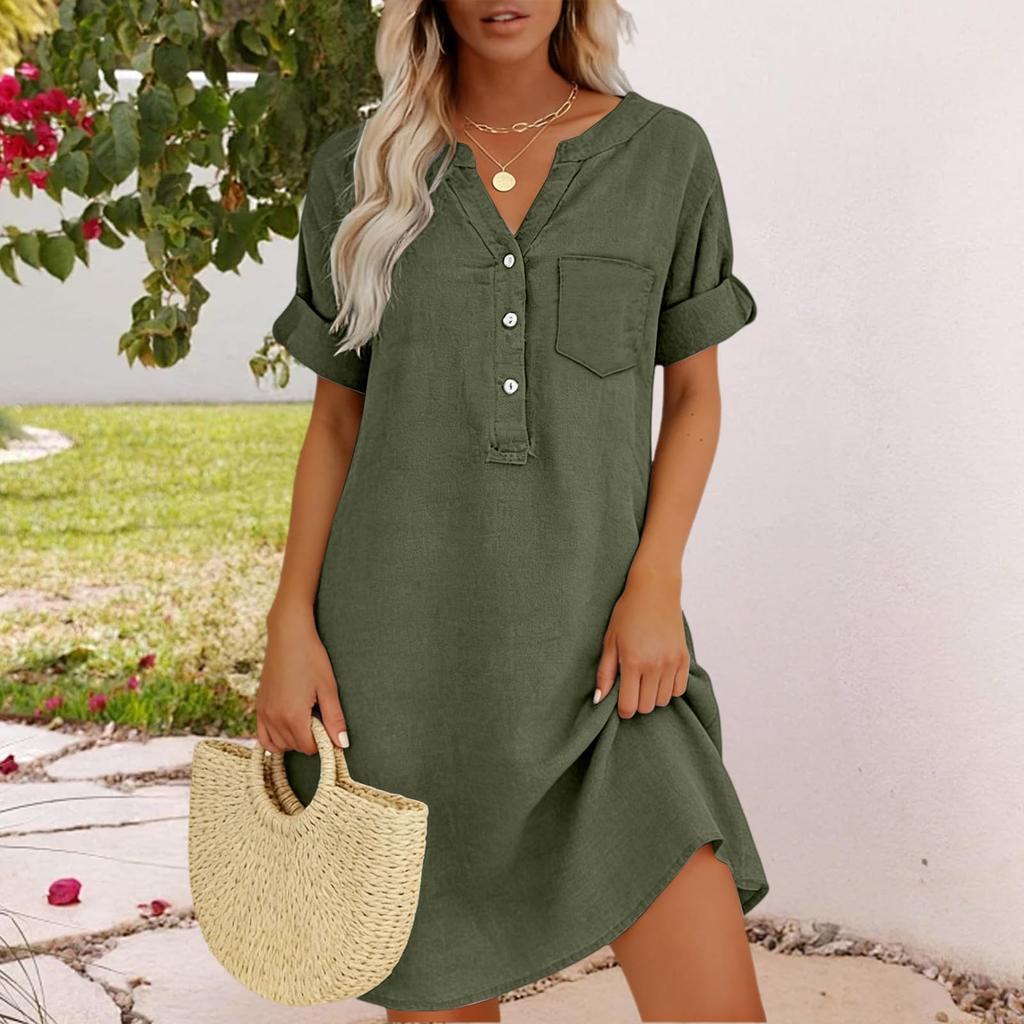 Lockeres V-Ausschnitt Kurzarm Hemdblusenkleid mit Knopfleiste und Taschen-Design Lässiges Sommerkleid für Damen Leinenmischgewebe