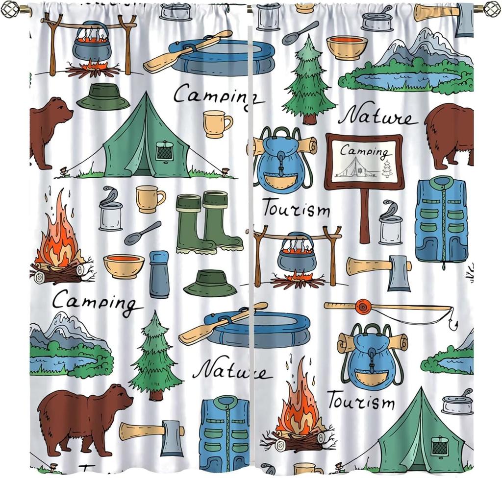 Retro Happy Camper Curta,Rustic Wood Plank Camping Travel Trailer Blackout Rod Pocket Window Curtain,For Boys Girls Living